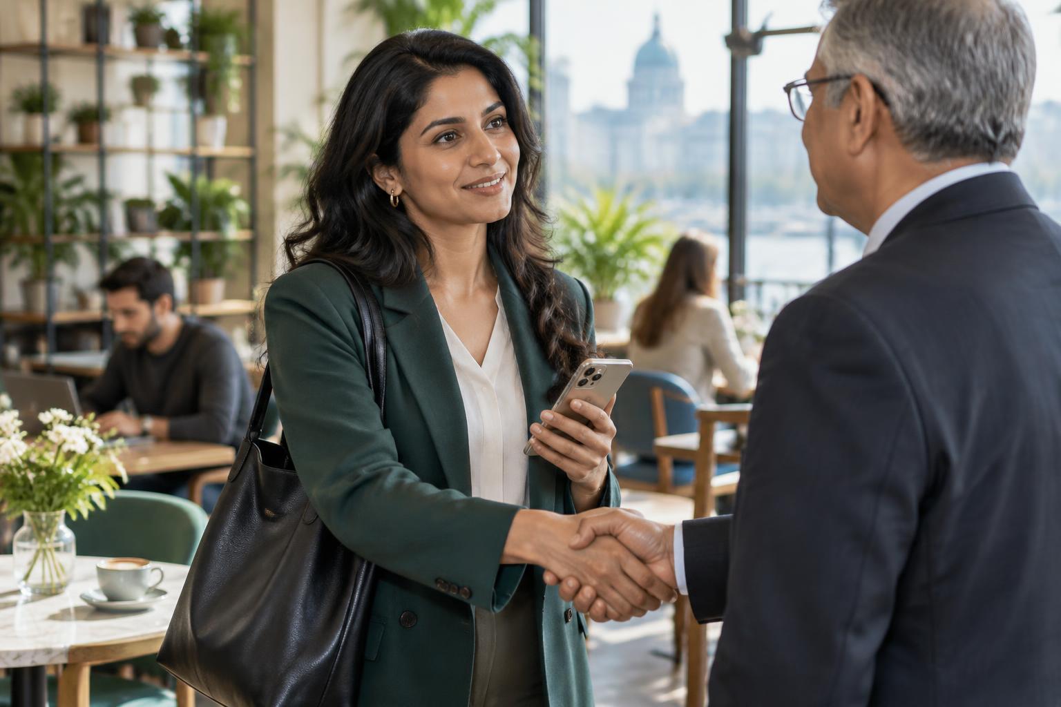 A woman confidently reconnecting with a professional contact